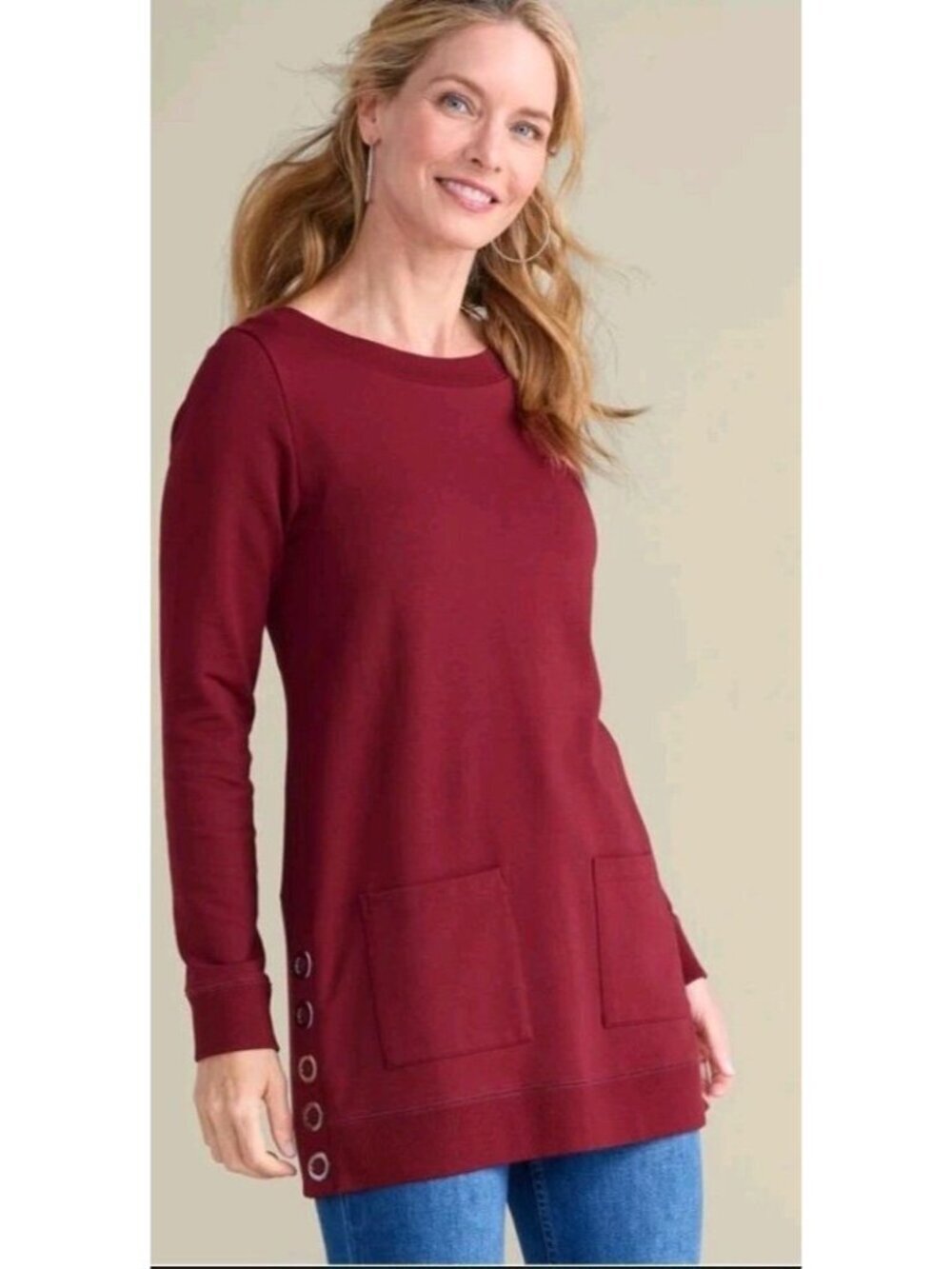 Soft Surroundings French Terry Make It Snappy Cabernet Pullover Side Snap Large